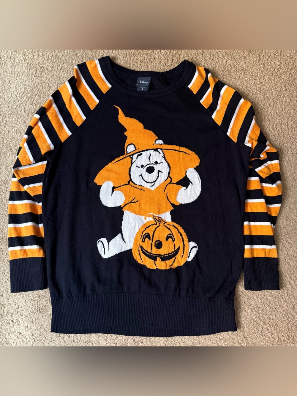 Disney Winnie the Pooh Halloween Pumpkin Crewneck Striped Sleeves Sweater